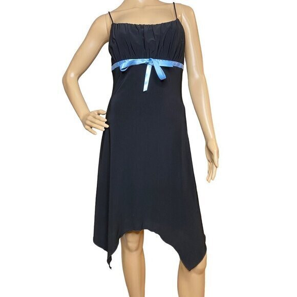 Y2K Taboo Black Dress With Blue Ribbon Asymmetric Hem Spaghetti Straps Ruched Bu - Picture 1 of 7